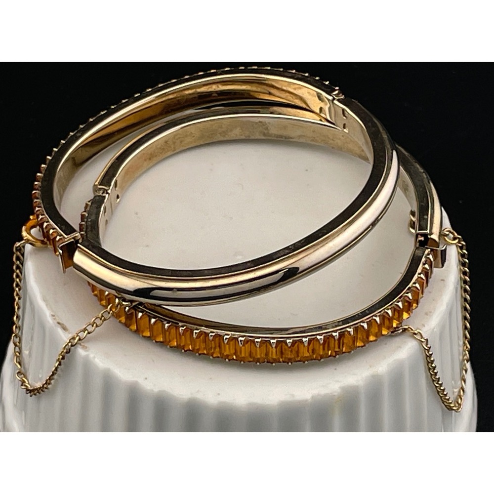 Vintage Amber Rhinestone Baguette Hinged Bangle Set Pair‎ Gold Tone Deco Style
